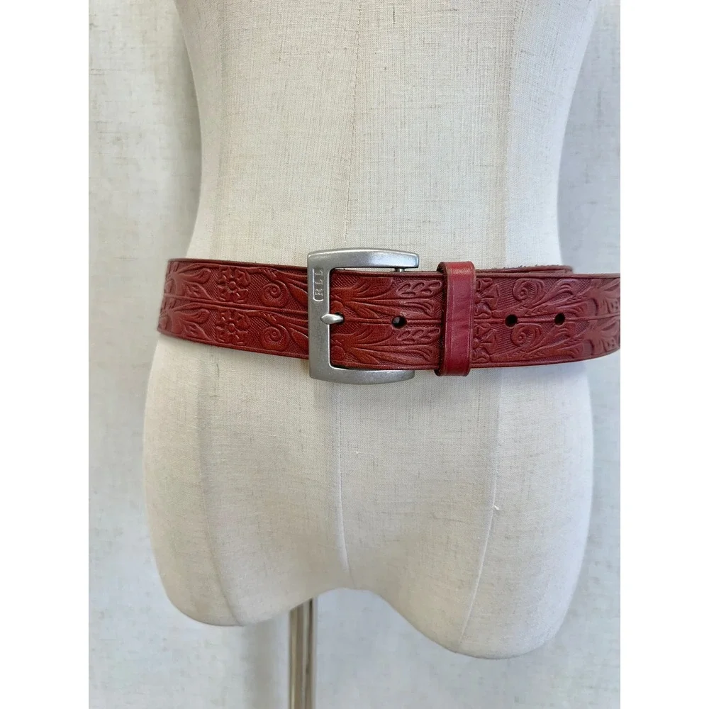Lauren Ralph Lauren Floral Tooled Embossed Red Leather Belt Size Medium